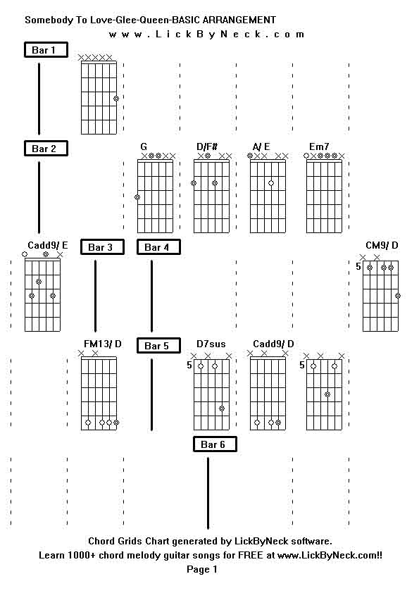 Chord Grids Chart of chord melody fingerstyle guitar song-Somebody To Love-Glee-Queen-BASIC ARRANGEMENT,generated by LickByNeck software.